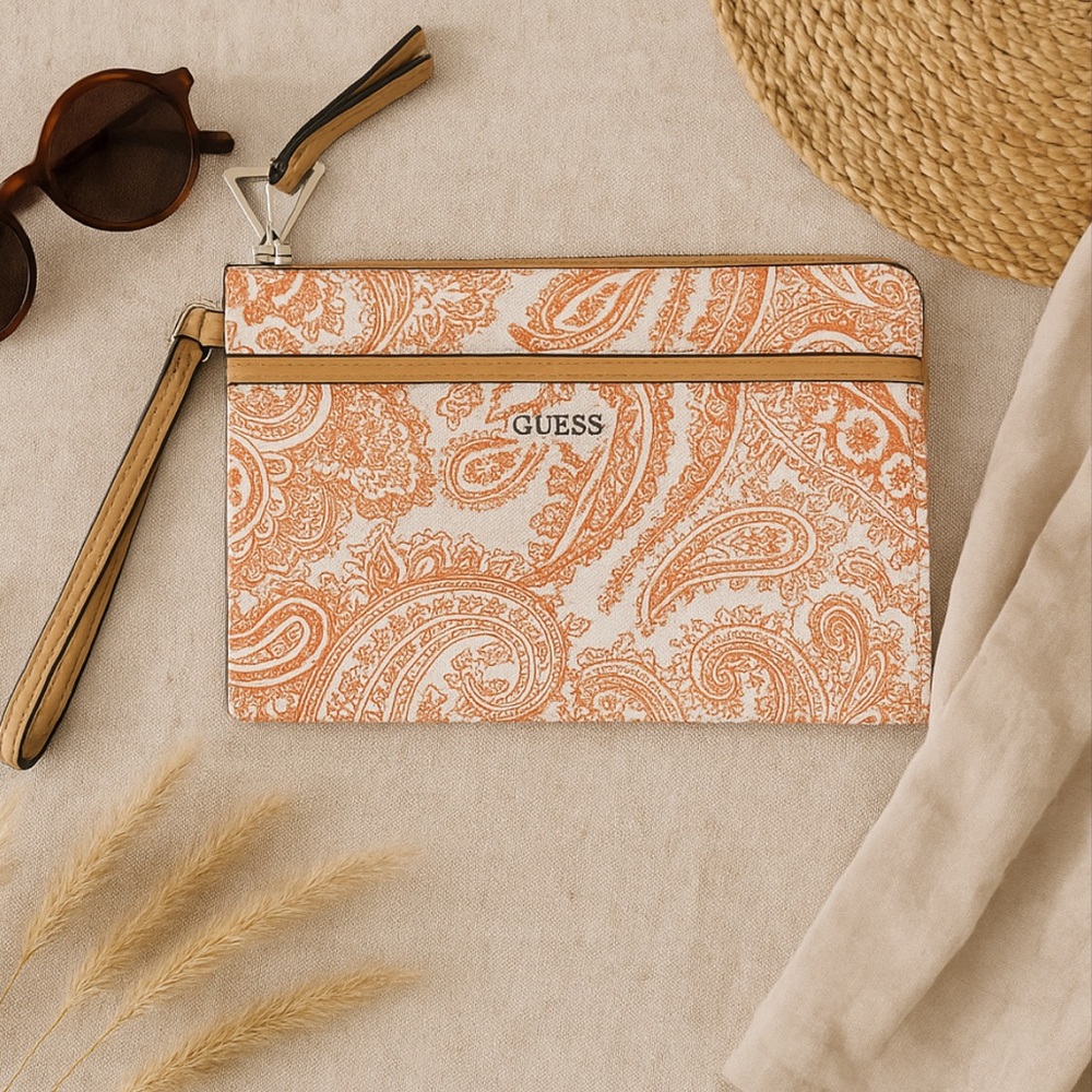 GUESS Orange and White Paisley Clutch